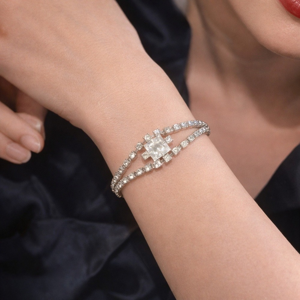Vintage MCM Silver Double Strand Rhinestone Bracelet Square Center 6.75"